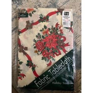 Fabric‎ Tablecloth 70 round. Christmas table cloth with poinsettia’s and ribbon.
